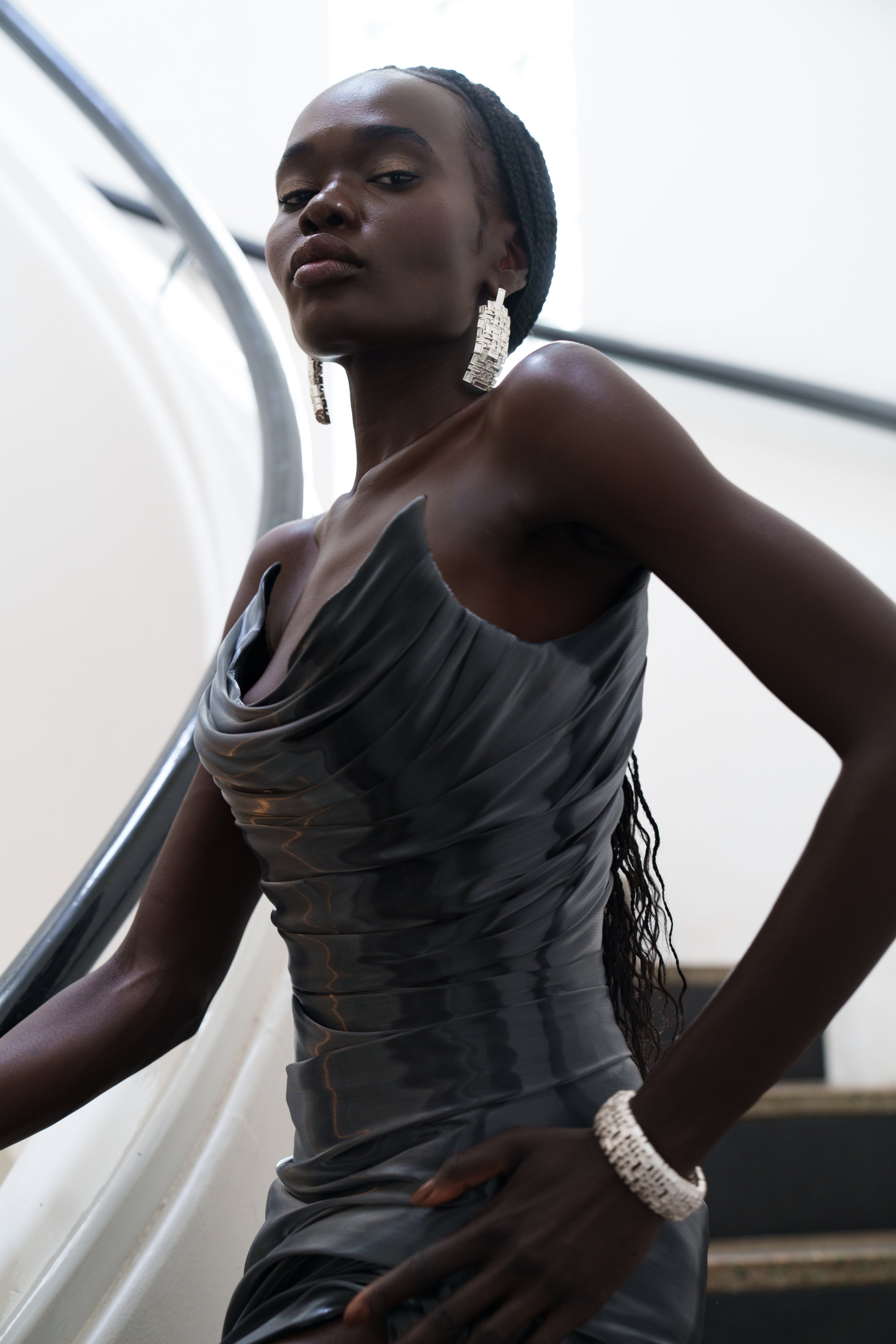 Kitte Column Earrings Silver Worn By Model