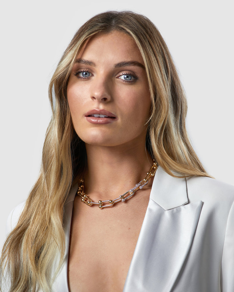 Kitte Bond Pave Necklace Gold Worn By Model