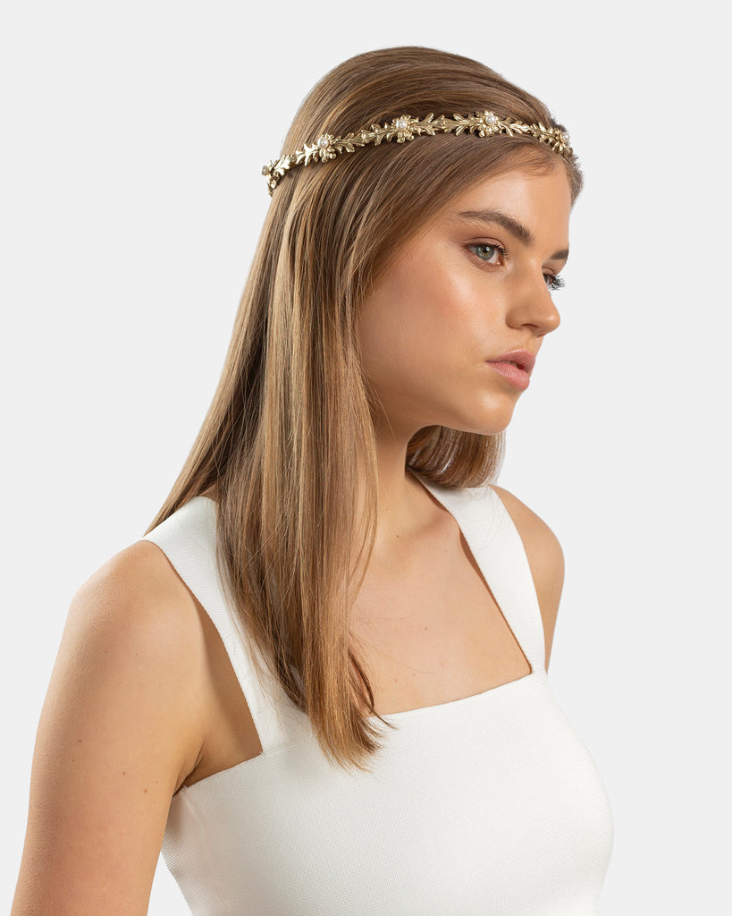 Kitte Pearl Goddess Headpiece Gold worn by model